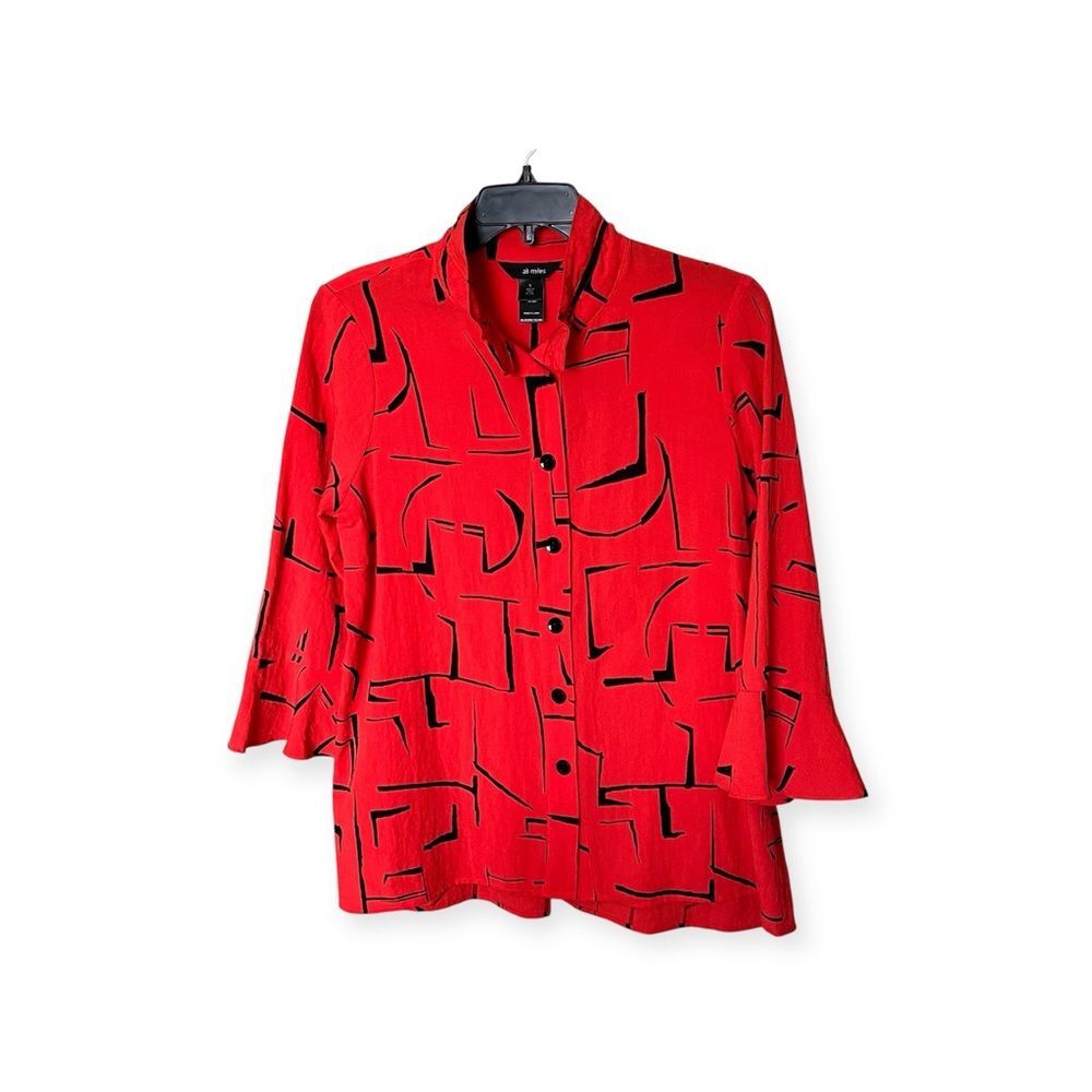 Ali Miles Red & Black 3/4 Bell Sleeve Button Down Blouse Top Shirt Size Large